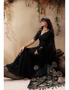 Sari de algodón Muga negro metálico KV con blusa sin coser - Product Image 6