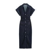 Robe midi en jean pour femme, ajustée, à manches courtes, plissée, taille définie, coupe slim, décontractée, mode été