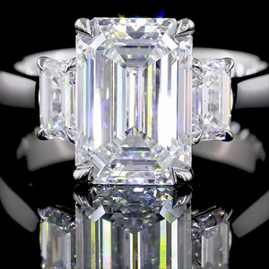 IGI Certi Lab Grown <b>Emerald</b> Cut Diamond Three Stone Engagement <b>Ring</b> with <b>Emerald</b> Side Diamonds 10K 14K 18K Gold 925 935 <b>Silver</b> - Product Image 2