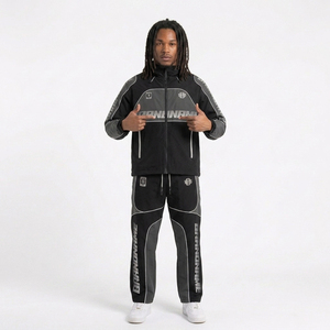 Black 2-Piece Sweat Suit Tracksuit Hooded Zip-Up Jacket <b>Nylon</b> <b>Track</b> <b>Pants</b> Windproof Breathable Casual Sport Wear Loose Fit - Product Image 1