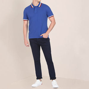 Camisa polo azul para hombre, cuello a rayas, manga corta, algodón transpirable, logotipo personalizado, ropa casual, suministro al por mayor, ajuste veraniego - Product Image 2