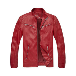 Blouson moto en cuir PU rouge pour homme, col montant, fermeture éclair, coupe ajustée, longueur standard, couleur unie, pour l'automne - Product Image 1
