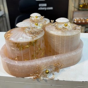 Eco-Materials luxury Resin Storage Jars With Gold Flower Decor Round Transparent Containers For Sundries Presents At Best Price - Product Image 1