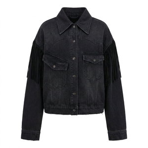 Veste en jean noire personnalisée pour femme, avec broderie à franges, style western, manteau vintage surdimensionné, fabricant OEM ODM - Product Image 1