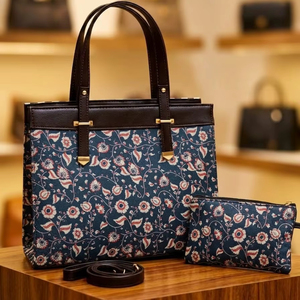 Sac fourre-tout en jacquard floral bleu marine fait main avec pochette assortie - Product Image 1