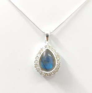 Teardrop Labradorite Gemstone <b>Pendant</b> Crafted 925 Silver Halo Design Classic Fine Jewelry For Gift & Daily Wear - Product Image 3