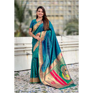 Sari de Seda Paithani Tejido con Zari Verde, 650g, Tejidos de Primera Calidad, Ropa India y Pakistaní en Stock - Product Image 6