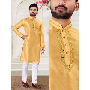 TRENDING Kurta en soie véritable avec broderie miroir et pyjama jaune - Product Image 1