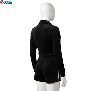 Conjunto Deportivo de 2 Piezas para Mujer, Estilo Hip Hop, Chaqueta Negra de Manga Larga con Cremallera y Pantalones Cortos con Franja Lateral, Tejido Transpirable de Poliéster - Product Image 1