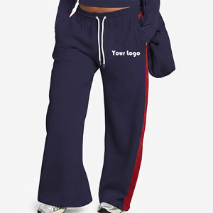 New Arrival 2026 <b>Women's</b> <b>Navy</b> <b>Blue</b> Wide Leg Pants With Red Side Stripe Elastic Waist Loose Fit Full Length Casual Fleece Autumn - Product Image 1