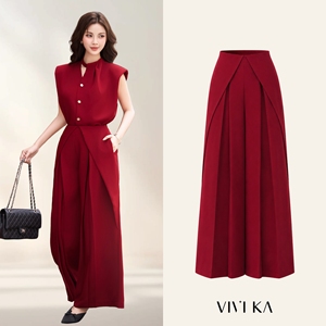 Pantalon large à taille haute rouge pour femme, plis superposés à l'avant, longueur intégrale, couleur unie, style bureau, MIRANDA - Product Image 1
