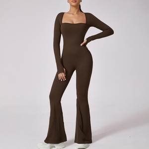 Women Long Sleeve <b>Square</b> <b>Neck</b> <b>Bodysuit</b> Full Length Seamless Stretch Knitted Activewear Solid Color One Piece Jumpsuit - Product Image 4