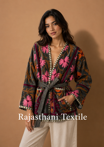 Pink Suzani Embroidered Knitted Velvet Quilted Reversible Bomber <b>Jacket</b> Vintage <b>Hippie</b> Style Autumn Winter Breathable Nylon Wool - Product Image 2