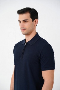 Camisa de Hombre Azul Marino de Manga Corta, Tejida, 100% Algodón, Transpirable, Bordada, con Cierre de Cremallera Frontal, Logotipo, Color Sólido, Estilo Casual - Product Image 6