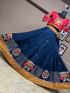 Heavy Cotton Gamthi Work Lehenga Choli With Mirror Work Rayon Cotton Dupatta Navratri Garba Festival Wear Set - Product Image 2