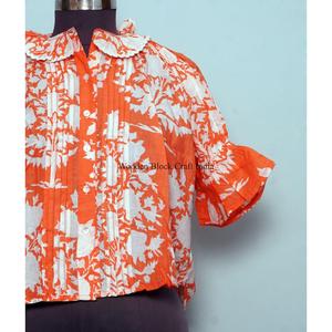 Elegante Blusa de Algodón 100% Tejida con Estampado Floral Vintage para Mujer, Ropa Casual de Verano, Estilo Denim con Estampado Digital y Manga Corta - Product Image 2