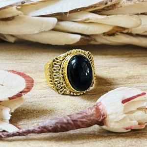 Anillo de Ónix Negro Grueso Favorito del Comprador, Chapado en Oro de 18k, Anillo de Latón con Filigrana Hecho a Mano, Estilo Bohemio, Ajustable, Venta al por Mayor - Product Image 3