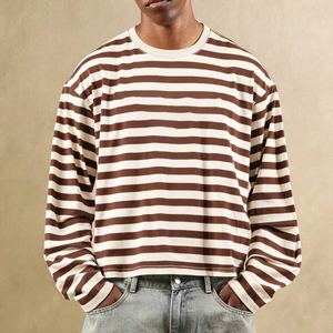 Premium Stitching Wholesale Men's <b>Brown</b> And White Striped O-Neck <b>Long</b> <b>Sleeve</b> Knitted T-Shirt Casual Style Plus Size Cotton <b>Top</b> - Product Image 1
