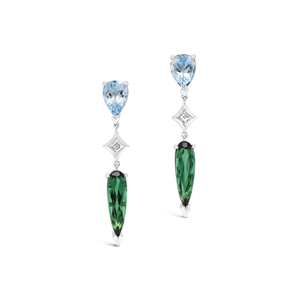 Boucles d'oreilles pendantes en or massif 18 carats avec 3,14 carats d'aquamarine Ginan, 5,68 carats de tourmaline verte et 0,30 carats de diamant de laboratoire taille carrée - Product Image 4