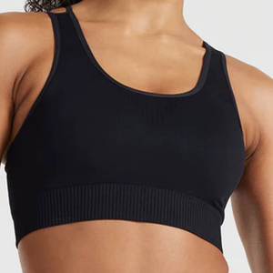 Sujetador deportivo negro acanalado para mujer, top corto de alto soporte, sin costuras, estilo deportivo, color liso, para entrenamiento y fitness - Product Image 3