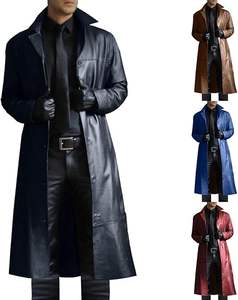 Manteau trench en cuir noir - Manteau long classique en cuir d'agneau véritable vintage pour homme - Product Image 1