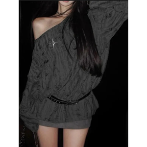 Minivestido o túnica de punto con hombros descubiertos, estilo cyber grunge, rasgado, de manga larga - Product Image 1