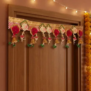 Elegant Indian Bandhanwar with Colorful Roses Golden Embroidery <b>Beaded</b> Tassels and Festive <b>Door</b> Hanging Decoration - Product Image 1