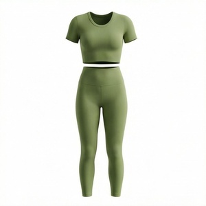 <b>Women's</b> Seamless Sage <b>Green</b> Yoga Set Short Sleeve Crop Top High Waist <b>Leggings</b> 2 Piece Outfit - Product Image 1