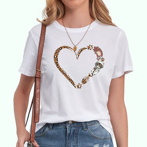 Camisetas de Mujer de Alta Calidad, Corte Holgado, Algodón/Poliéster, Estampado de Leopardo Informal, Gráfico de Corazón, Transpirable - Product Image 1