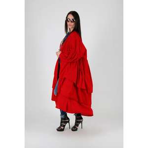 Vestido Cárdigan Largo Rojo para Mujer, Ecológico, Lavable, con Frente Abierto, Estilo Kaftán, Holgado, Informal, con Cintura Natural - Product Image 3