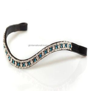 Personnalisé 3 rangées de turquoise et cristaux clairs forme de vague noir anglais selle cuir cheval front bande pour bride taille personnalisée - Product Image 1