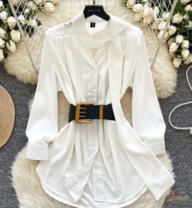 Blusa Elegante de Satén Blanco para Mujer, Manga Larga, Cuello Camisero, Cierre de Botones, Corte Regular, Color Sólido, Tejido para Todas las Temporadas - Product Image 6
