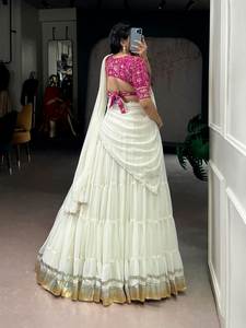 Ensemble Lehenga Choli en soie premium, style Maharashtrien, magnifique couleur blanche, dentelle brodée, pour femmes ou filles, occasion spéciale - Product Image 3
