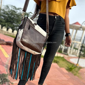 Nuevo estilo occidental pelo en piel oculta cuentas de cuero bolso con flecos alta calidad Boho mujeres cuero turquesa piedra tamaño Ideal bolso - Product Image 6