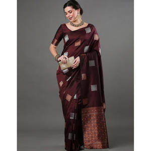 DESGASTE DE FIESTA BANARASI SEDA ZARI TRABAJO TEJIDO SAREE CON BLUSA DESCOSADA VINO - Product Image 1