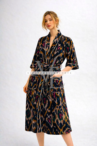 Exquisite Velvet Ikat Kimono Robe Summer Casual Multicolored Ikat Pattern Intricate Hand <b>Loomed</b> <b>Weave</b> Long Sleeve Breathable - Product Image 3