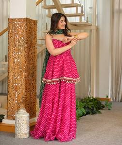 Costume Anarkali rose à pois pour femmes avec dupatta vert, longueur au sol, en coton, tenue de fête traditionnelle, style Inde Pakistan - Product Image 2