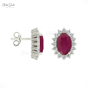 Boucles d'oreilles clous en or massif 14 carats avec halo de rubis de Birmanie et diamants sertis à griffes, pierre de naissance de juillet, bijoux pour femme, vente en gros, livraison gratuite - Product Image 3