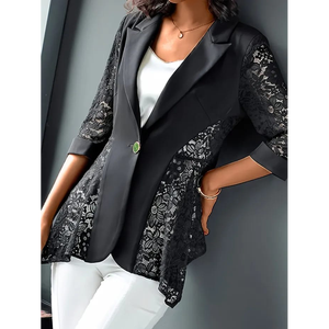 Blazer en dentelle Midnight avec empiècements floraux en guipure Aria, garniture en satin, patchwork de dentelle, veste de costume avec manches en dentelle cintrées - Product Image 1
