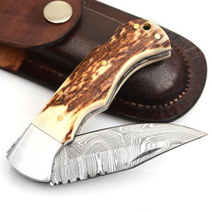 Nuevo cuchillo personalizado de acero de Damasco con hoja de punta caída y mango de hueso, espesor de hoja de 0.6 mm, cuchillos plegables para caza. - Product Image 6
