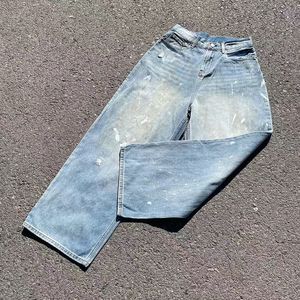 Jean en denim déchiré pour homme, taille mi-haute, coupe large et ample, délavé, style streetwear, respirant, uni, décontracté, été, bleu clair, en coton - Product Image 2