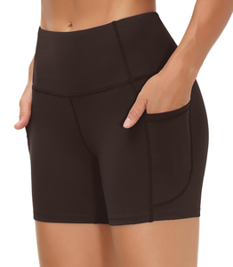 Pantalones cortos de yoga de cintura alta para mujer con bolsillos, pantalones cortos deportivos negros para gimnasio, correr, Fitness, tela de punto de secado rápido - Product Image 5