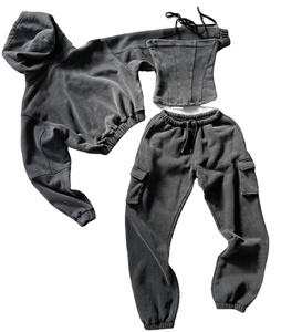 Conjunto de 3 piezas de Pantalón cargo personalizado de algodón de felpa francesa con cremallera lavado ácido en blanco Sudadera con capucha desgastada chándal apilados para mujer - Product Image 1