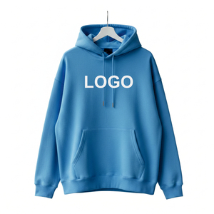 เสื้อสเวตเชิ้ตมีฮู้ดสีน้ำเงินสำหรับผู้ชาย ผ้าฝ้ายสีพื้น พิมพ์ลายโลโก้ด้านหน้า แขนเสื้อปกติ สไตล์ฤดูใบไม้ร่วง - Product Image 1