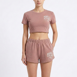 Women's High Quality Crop <b>Top</b> T-Shirt <b>Shorts</b> <b>Set</b> Best Selling Custom Two-Piece T Shirt <b>and</b> <b>Shorts</b> <b>Set</b> - Product Image 2