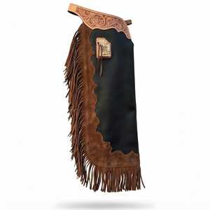 Chaps de Rodeo en Cuir Floral Personnalisés Faits à la Main avec Poche |   Chaps de cow-boy en daim noir et marron à bordure festonnée pour la pratique du bull riding - Product Image 1