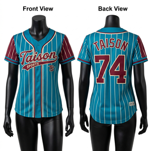 Camiseta de Béisbol para Mujer, 180 GSM, Poliéster Premium Transpirable, Rayas Teal, Mangas en Contraste Color Granate, Logotipo Personalizado por Sublimación - Product Image 1
