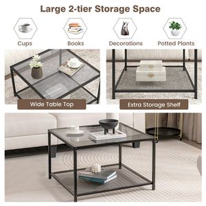 Modern 2-Tier <b>Square</b> Glass Gray Coffee Table with Sturdy Mesh <b>Shelf</b> 1PC for Living Room - Product Image 5
