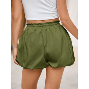 Shorts taille haute pour femme, coupe moulante, avec poches, cordon de serrage, en coton/polyester, vert, décontracté, respirant, délavage clair - Product Image 2