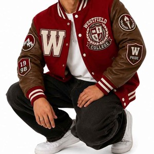 Westfield College Varsity Jacke für Herren, Rot, Wollstoff mit Lederärmeln, Besticktes Patch-Design, Preppy-Stil, Umlegekragen, Herbst - Product Image 3